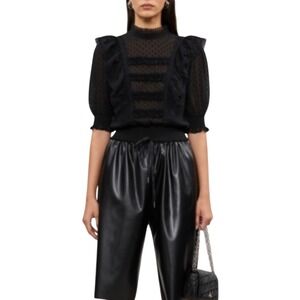 The Kooples Swiss Dot Lace Ruffle Blouse  FR 1/ US S  Black Mock Neck Top Gothic